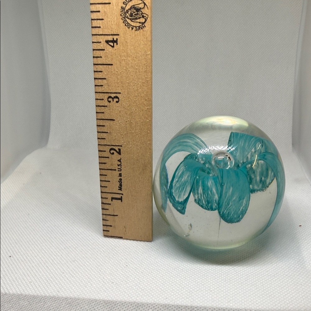 Glass Art Paper Weight Sphere with Teal Floral Design 2 Inches Tall - Picture 5 of 11
